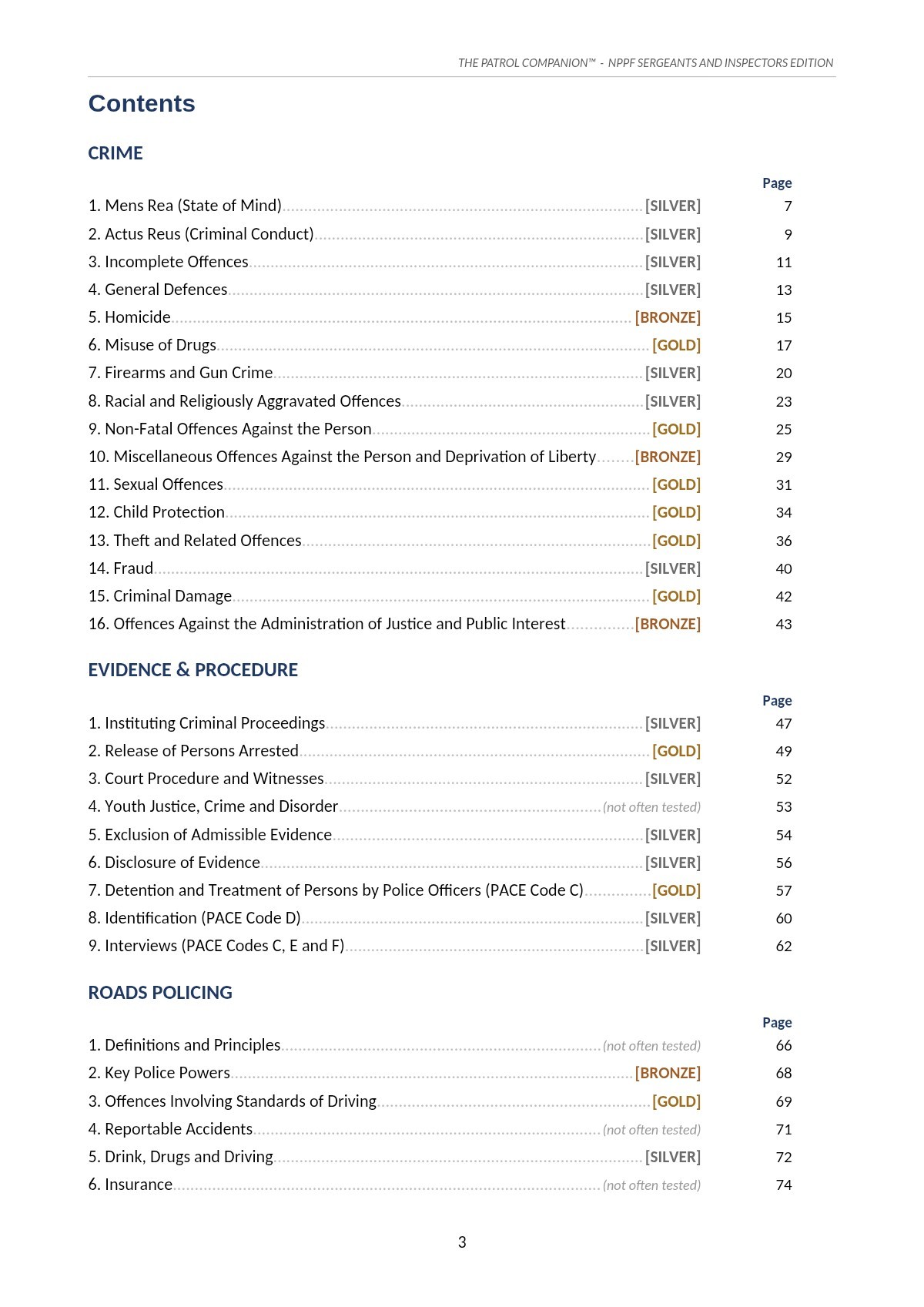 NPPF crammer notes, Contents with Gold / Silver / Bronze tags